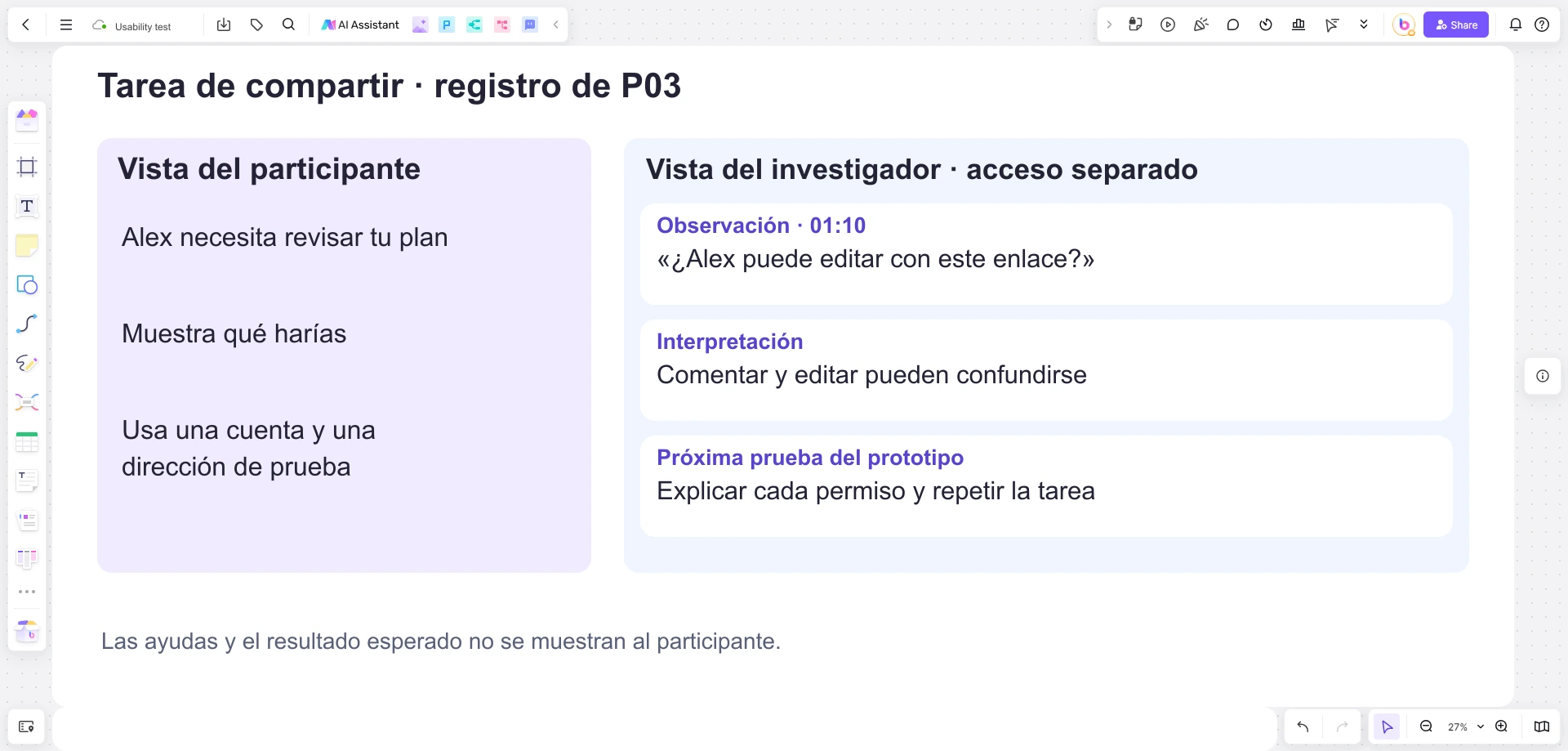 Registro de una prueba de usabilidad con la tarea, la pregunta de P03 sobre permisos y la siguiente prueba del prototipo