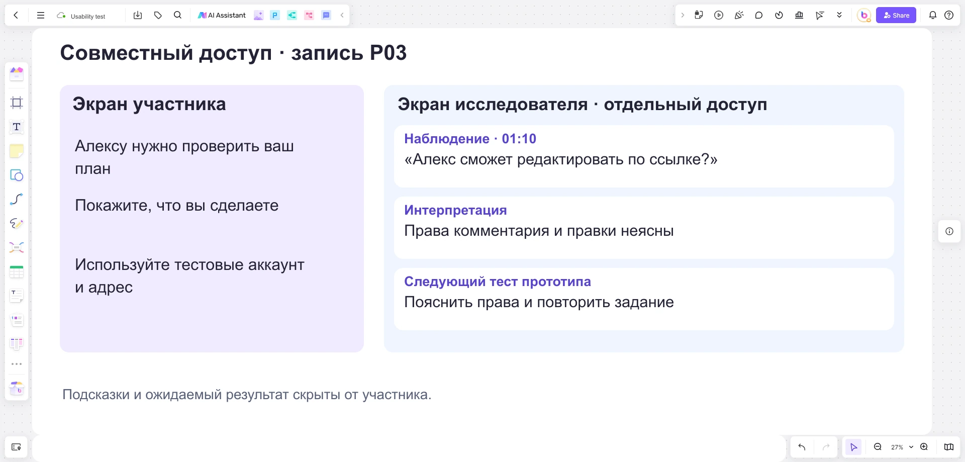 Пример записи P03 в Boardmix: вопрос о правах по ссылке в 01:10, интерпретация и следующая проверка прототипа