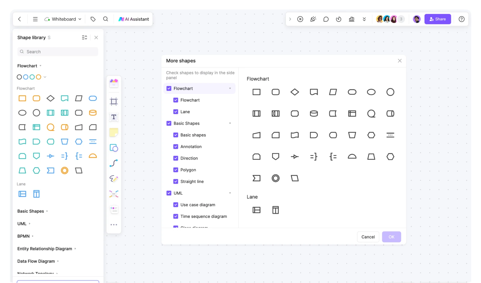Biblioteca de formas de Boardmix con símbolos de proceso, decisión, documento y otros elementos de los diagramas de flujo.