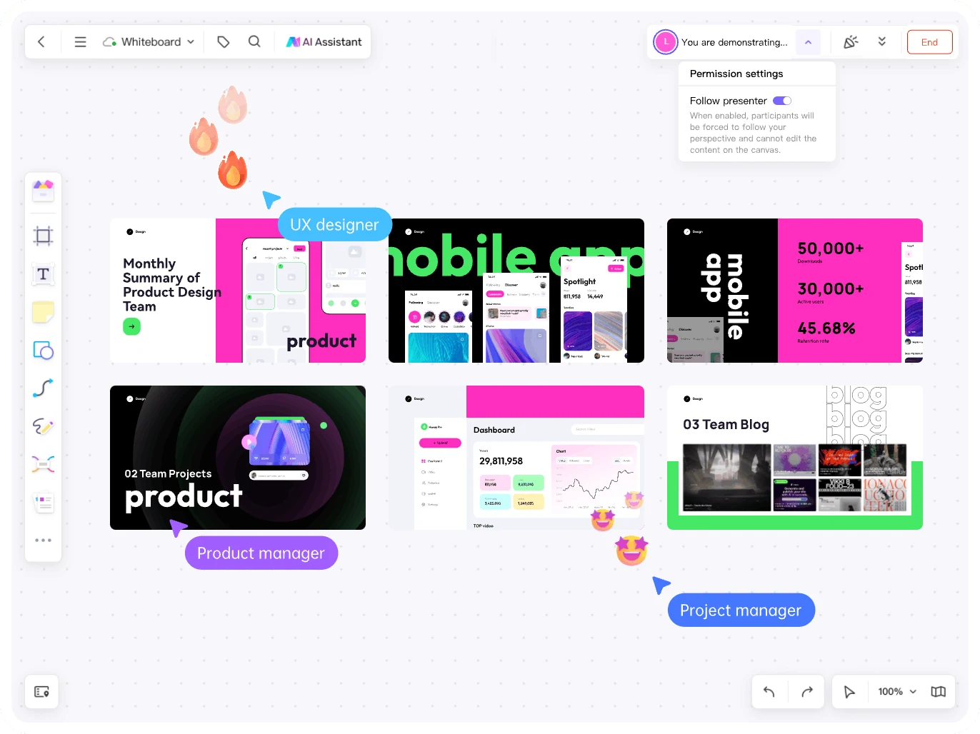 Vista de presentación de Boardmix para guiar a los participantes por las diapositivas