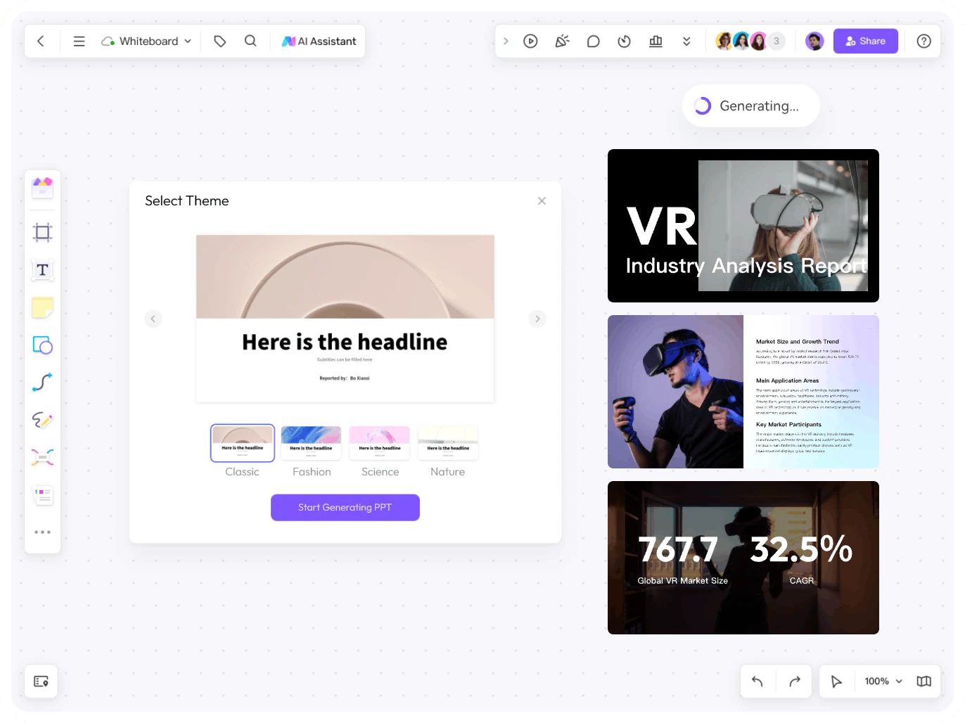 Selección de temas de presentación en Boardmix con una diapositiva de vista previa y estilos alternativos