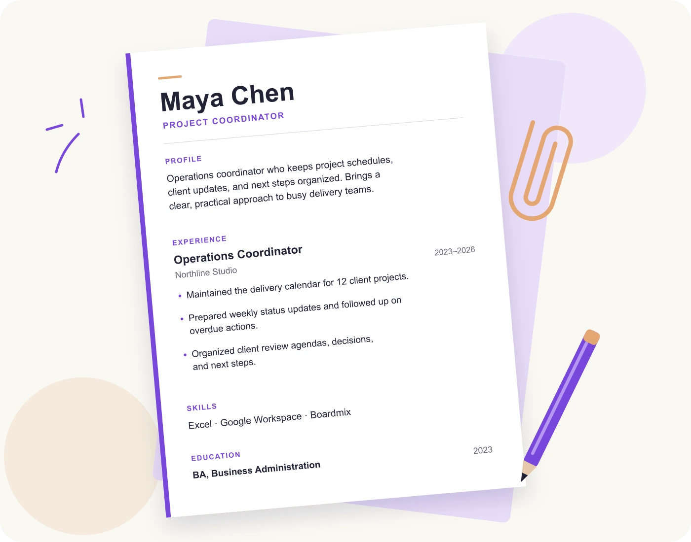 Currículum ilustrativo de coordinación de proyectos con perfil profesional, experiencia y habilidades bien definidos