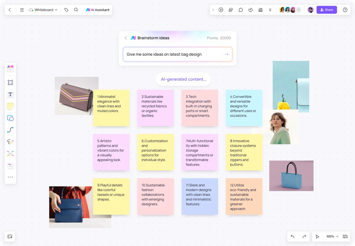 Tablero de lluvia de ideas de Boardmix con ideas de diseño de bolsas en notas adhesivas y referencias visuales