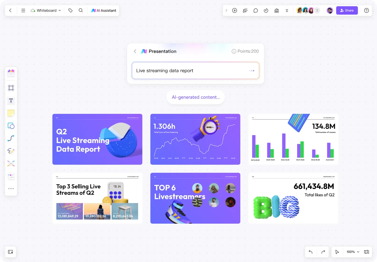 Boardmix AIのキャンバスに一連のスライドとして並んだプレゼン資料の下書き