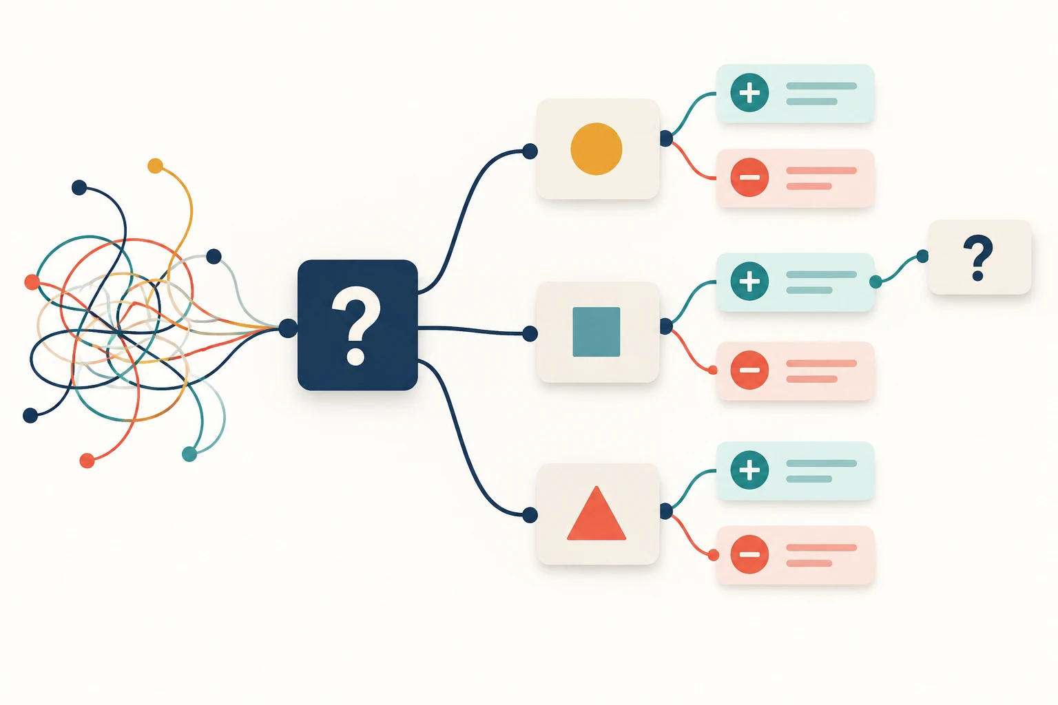 A shared question branching into possible answers, each with supporting and opposing reasons