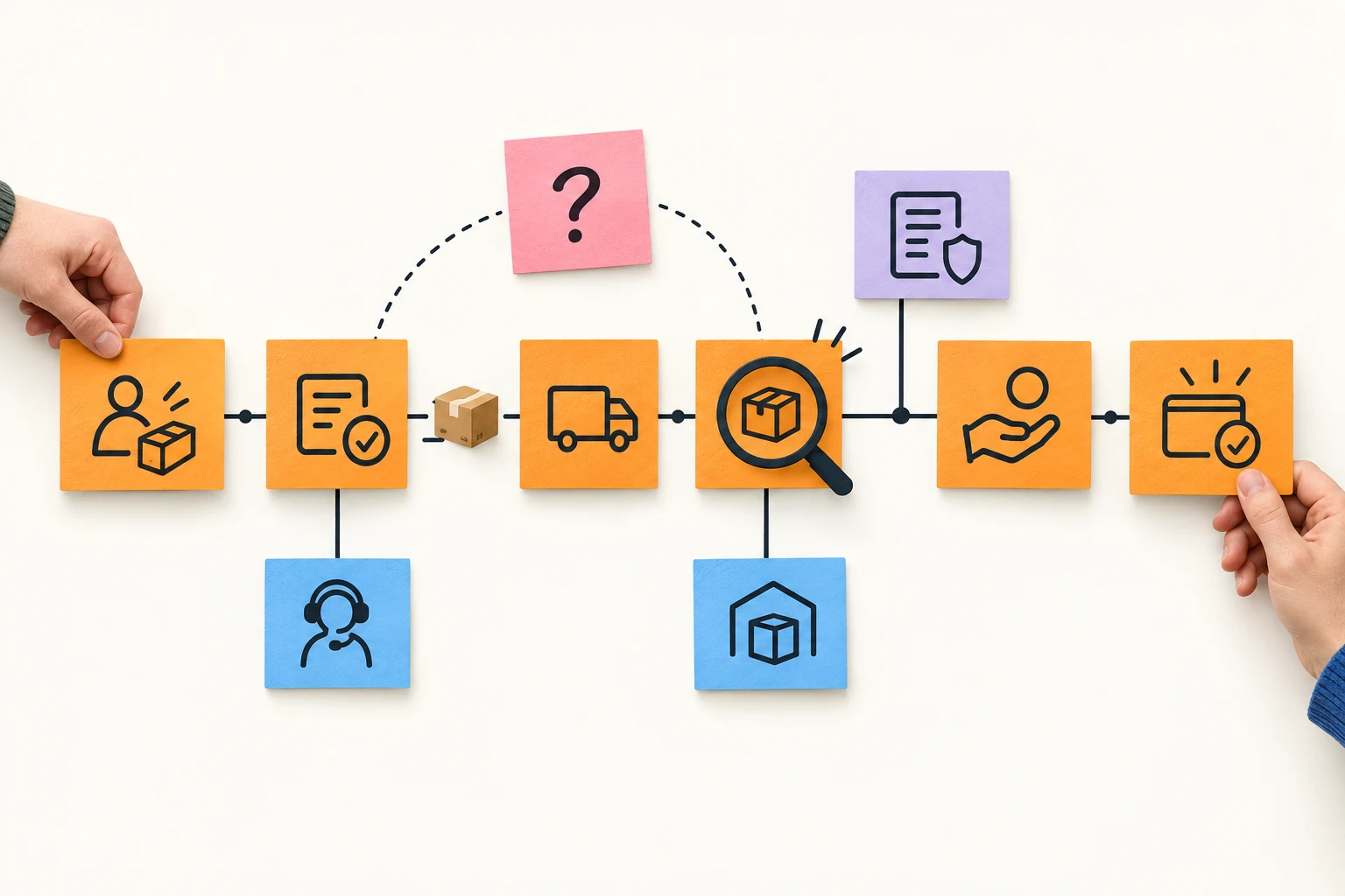 A returns process built from orange business events, with a highlighted question between inspection and refund