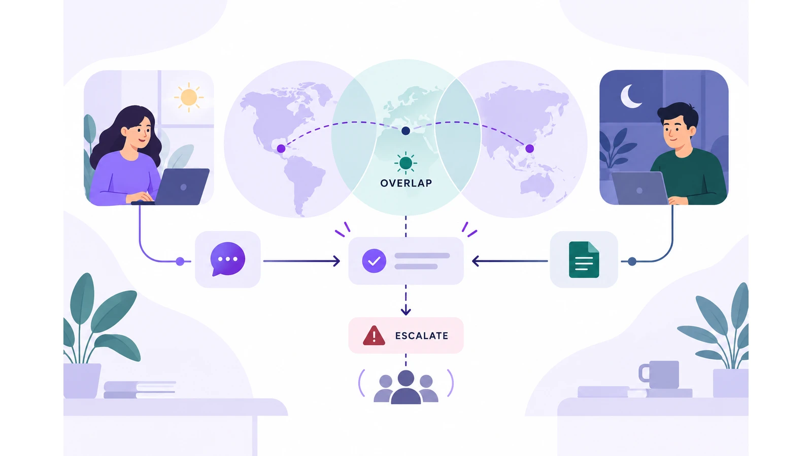Remote team working agreement showing time-zone overlap, communication channels, and an escalation path