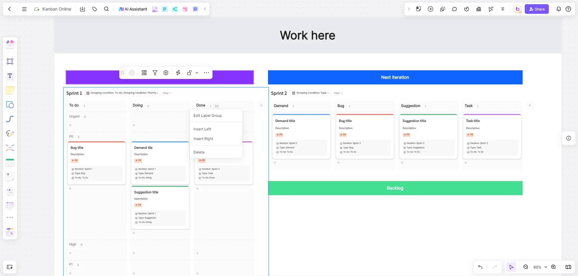 Boardmix Kanban canvas showing a column menu with label editing and insert-left and insert-right options