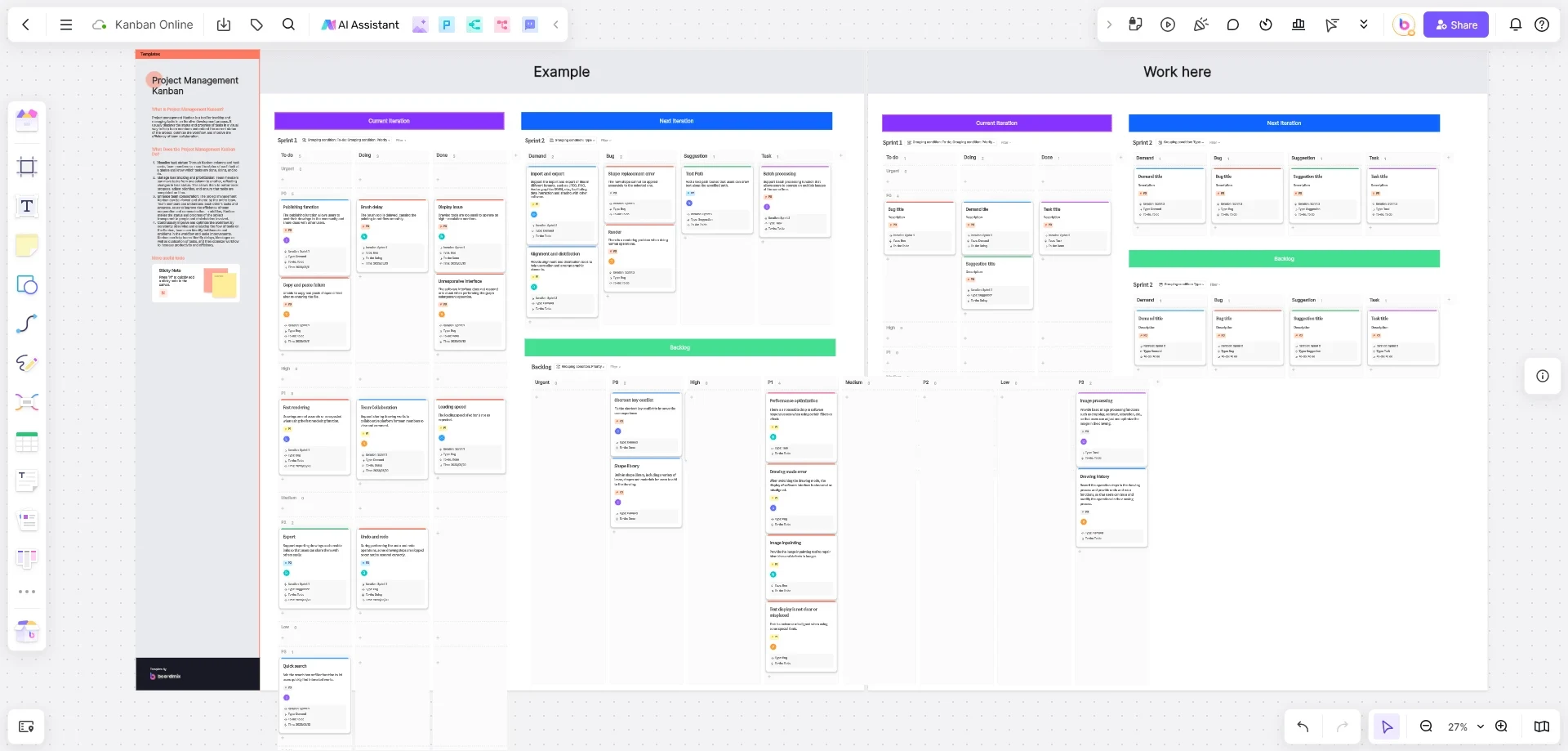 Boardmix project-management Kanban canvas with example and working areas, current and next iterations, and a backlog