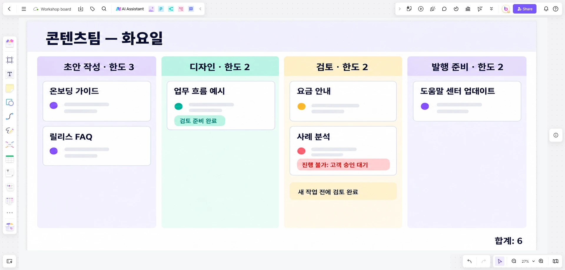 WIP 한도와 함께 막힌 카드를 포함한 검토 글 두 편, 디자인에서 기다리는 다른 글을 표시한 Boardmix 콘텐츠 업무 보드