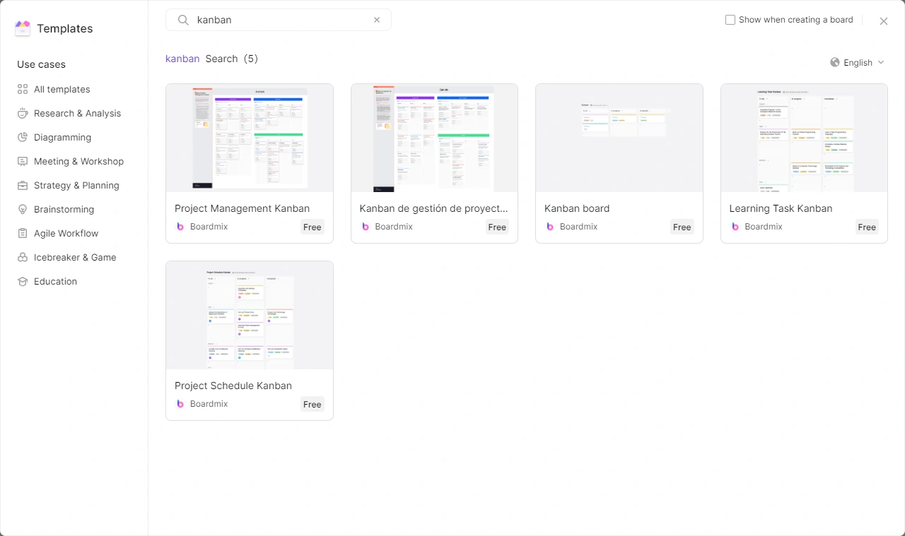 Boardmix template search showing project-management, task, and schedule Kanban examples