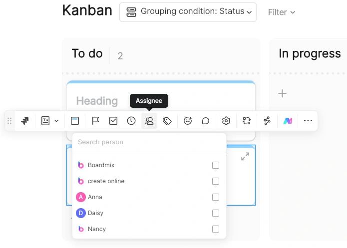 Boardmix card with its assignee menu open