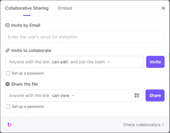 Boardmix sharing dialog with invitation and viewing permission options
