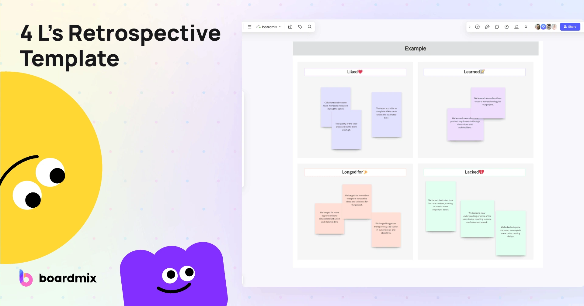 Boardmix 4Ls retrospective template illustration with Liked, Learned, Longed For, and Lacked areas