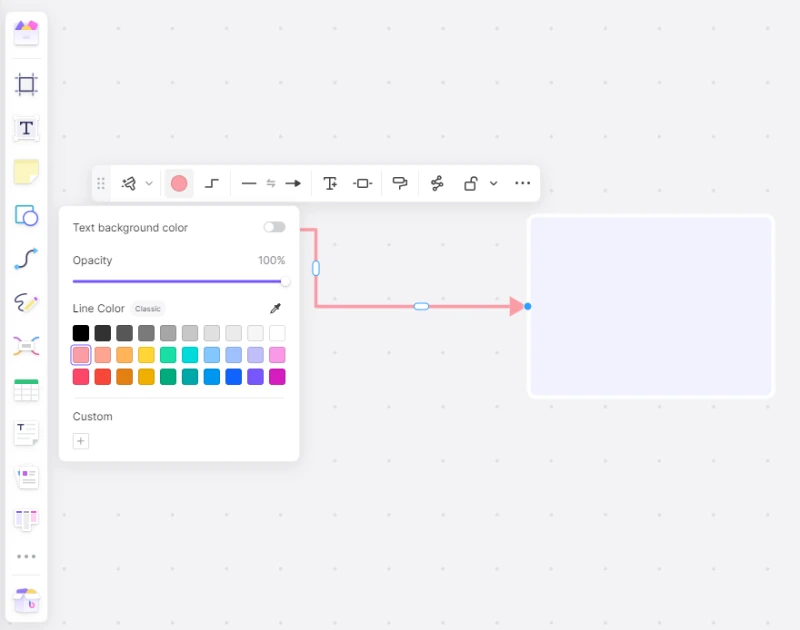 Boardmix connector controls with a color palette and an arrow joining two shapes