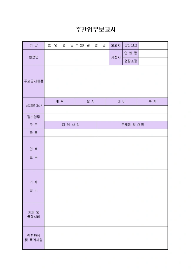 공정률과 공종별 진행 상황을 적는 건축 주간 업무보고서