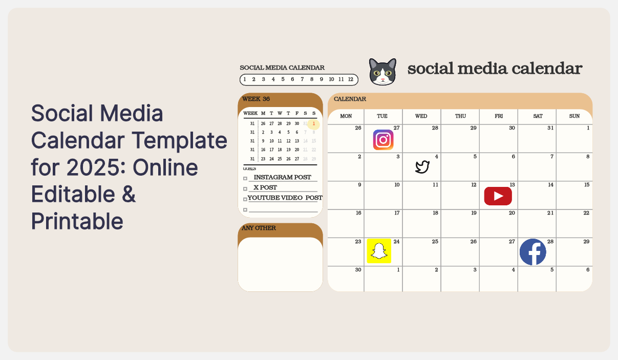 Social Media Calendar Template for 2025: Online Editable & Printable