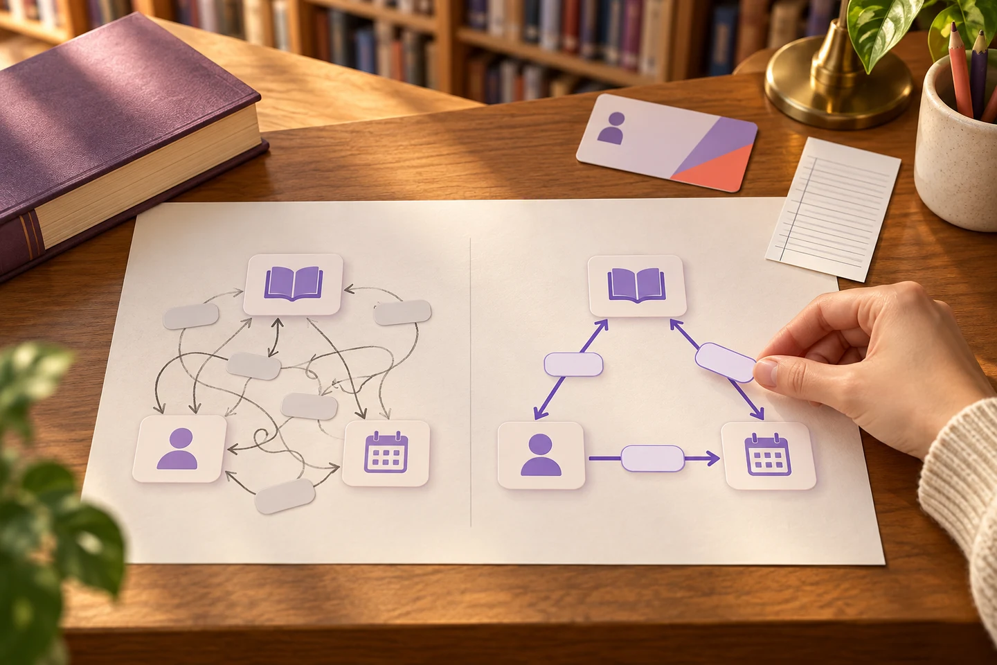 図書館の概念マップで、本・利用者・貸出の入り組んだつながりを整理した図。