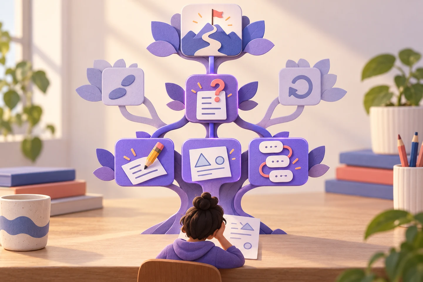 A learner faces a branching tree of questions and possible ways to make an exercise clearer.