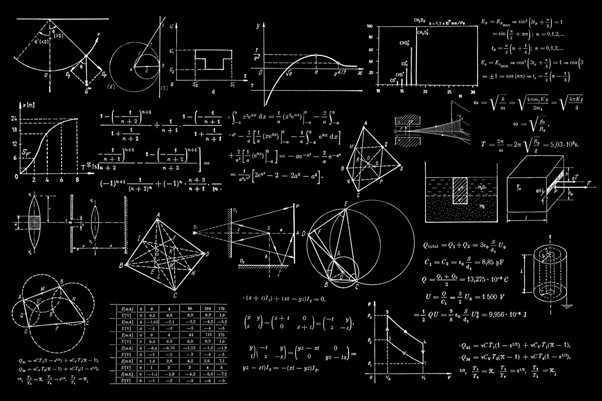 数学の式や図形が書かれた黒板