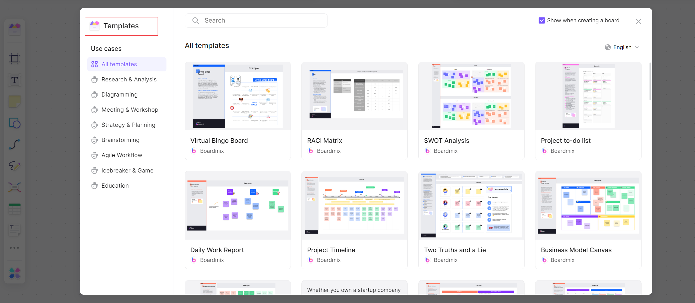 Boardmix template library with project-planning and team-workshop layouts