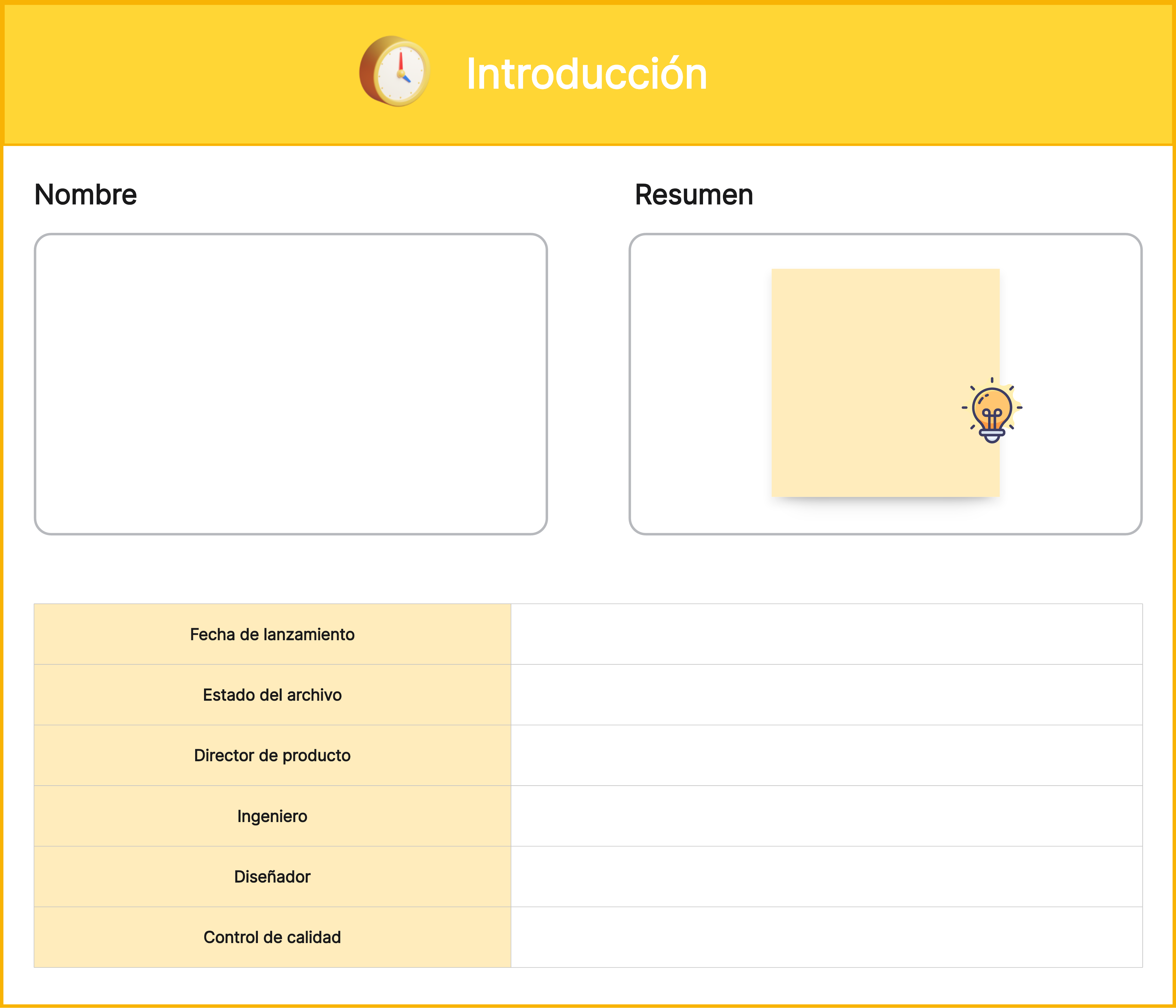 Sección de introducción del PRD con nombre, resumen y participantes