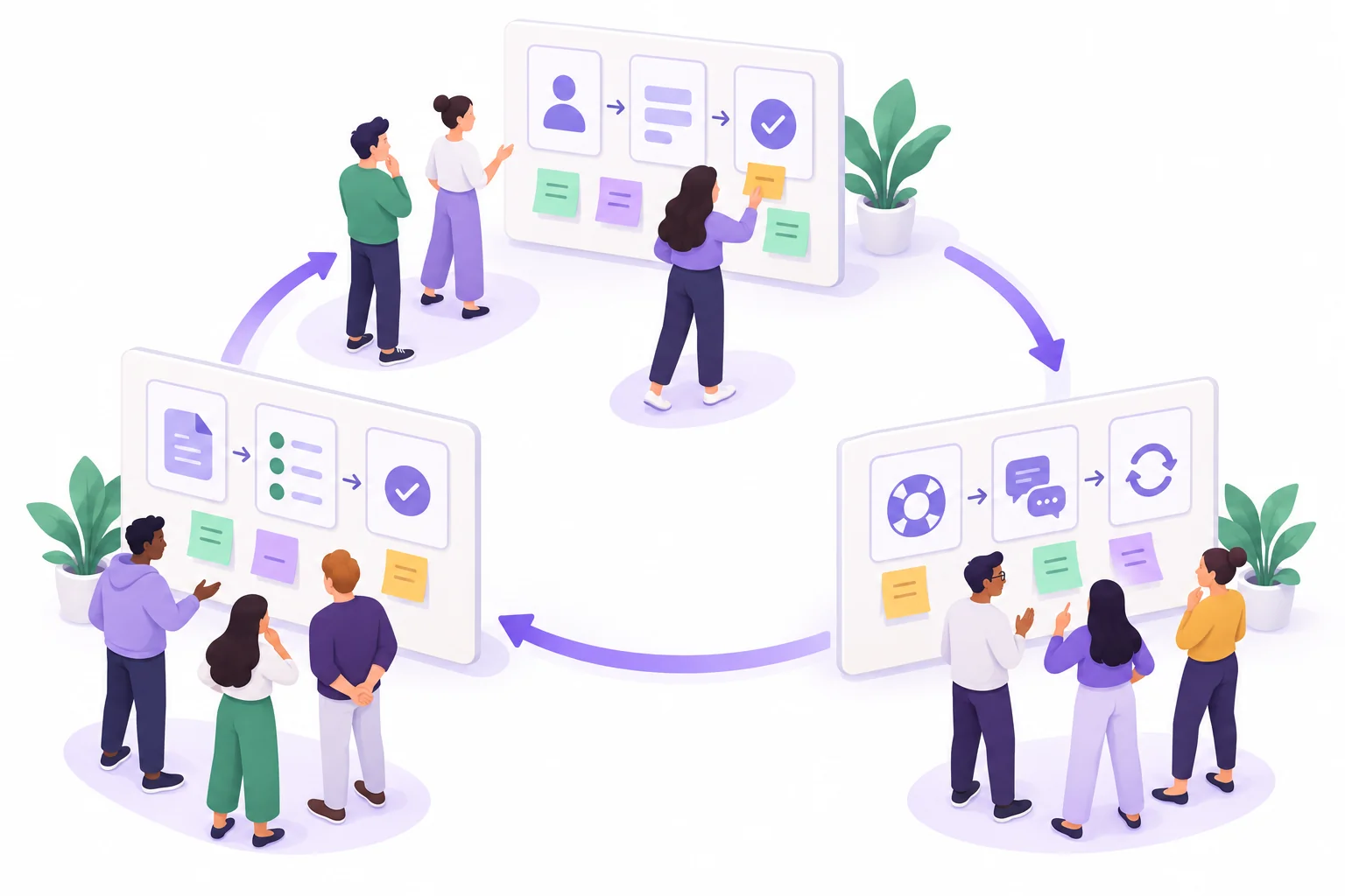 Three project exhibits connected by a review route, with feedback collected beside the work