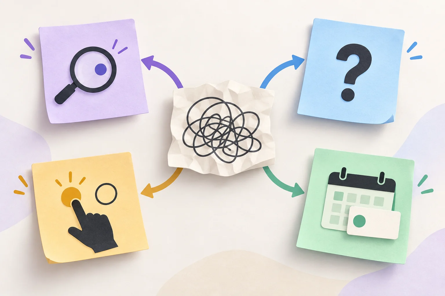 Four different note types keep an observation, a question, a choice and a task distinct.