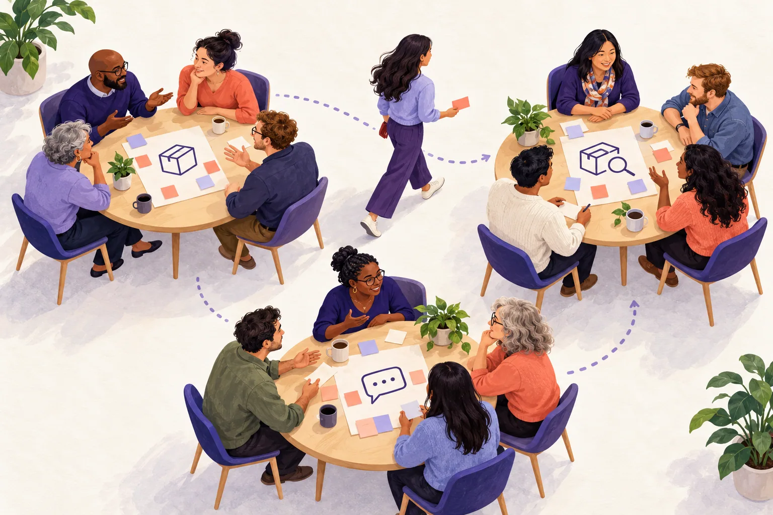 Three small conversation tables connected by people moving between rounds
