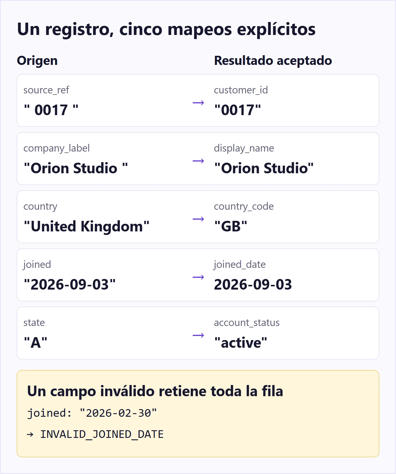 Cinco campos de clientes mapeados al destino y una rama para retener las filas con valores inválidos