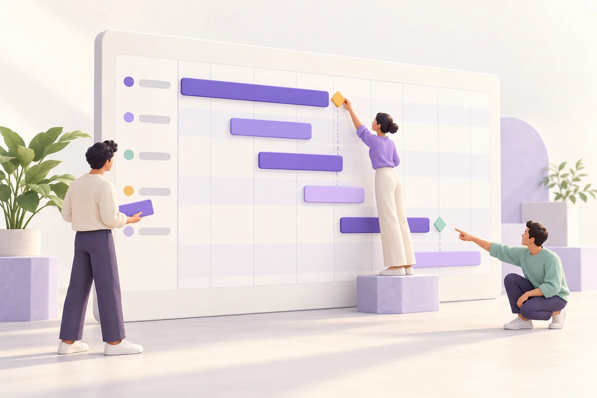Un equipo organiza barras de tareas e hitos en el calendario de un proyecto