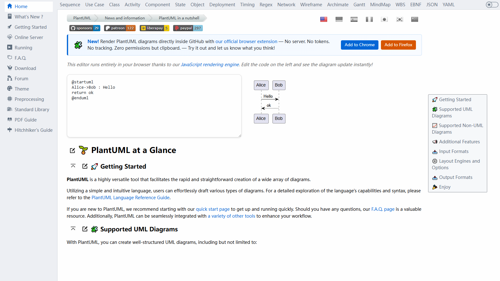 PlantUML official homepage showing text-based UML diagrams and supported diagram types