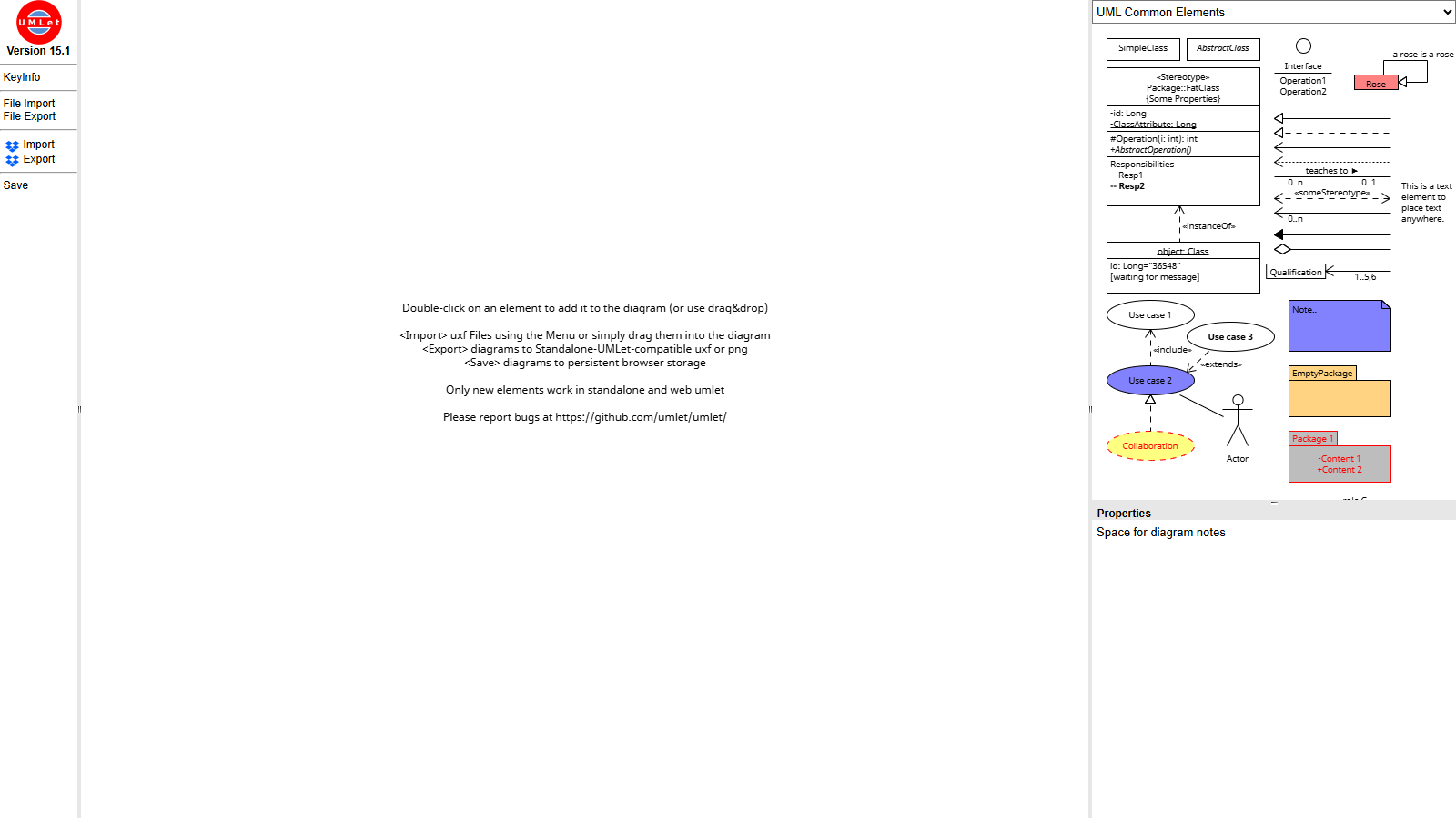 UMLetino official web app showing UMLet's lightweight UML diagram editor