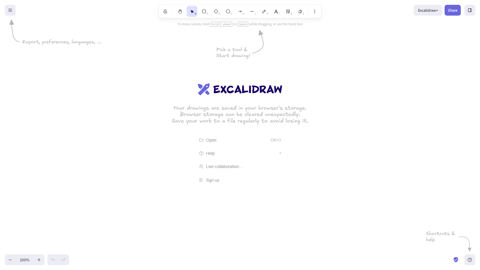 Excalidraw browser editor with its hand-drawn welcome panel, drawing toolbar, Share button, and canvas controls