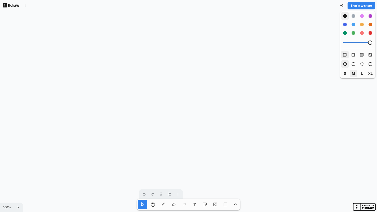 tldraw hosted editor with a blank infinite canvas, drawing toolbar, style palette, and share controls
