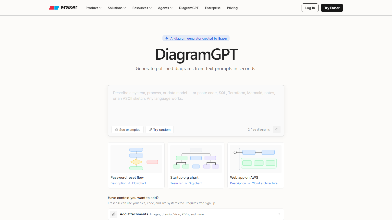 Eraser DiagramGPT page showing AI-generated technical diagrams