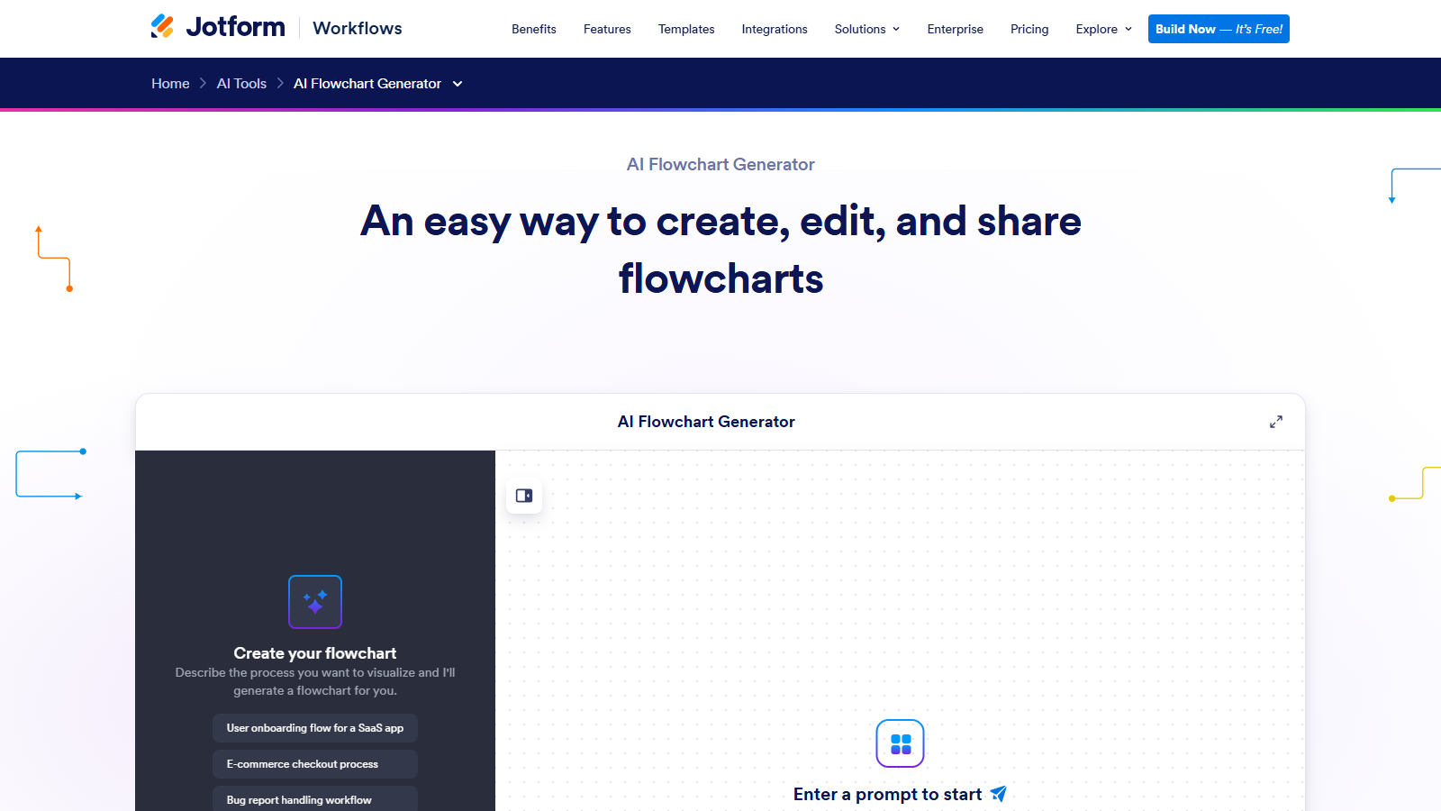Jotform AI flowchart generator page showing editable and shareable flowcharts