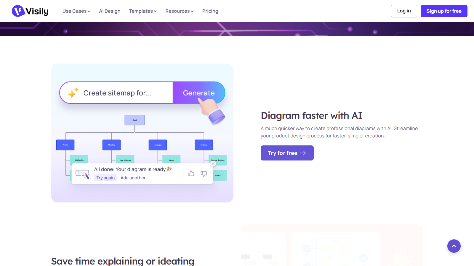 Visily Diagram AI page showing text-to-diagram generation for product workflows