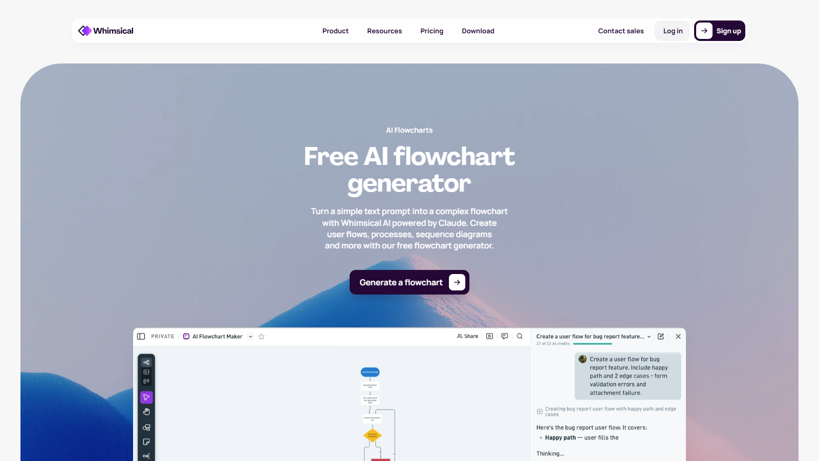 Whimsical AI text-to-flowchart page showing editable flowchart generation