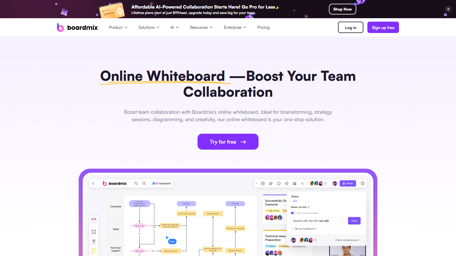 Boardmix official online whiteboard page showing visual collaboration workflows