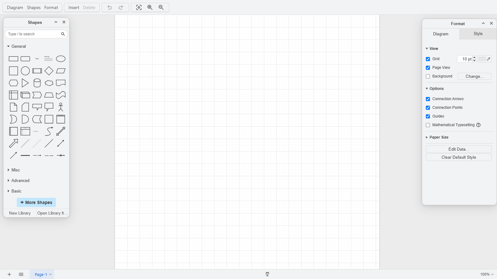 diagrams.net editor showing technical diagram shapes and a blank drawing canvas