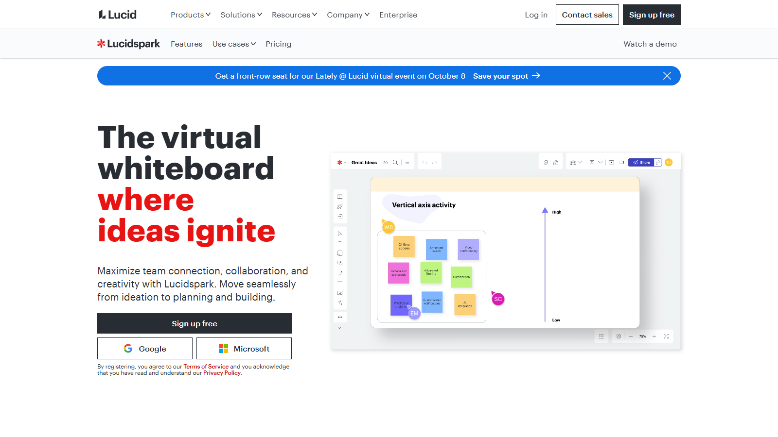 Lucidspark official page showing collaborative brainstorming on a virtual whiteboard