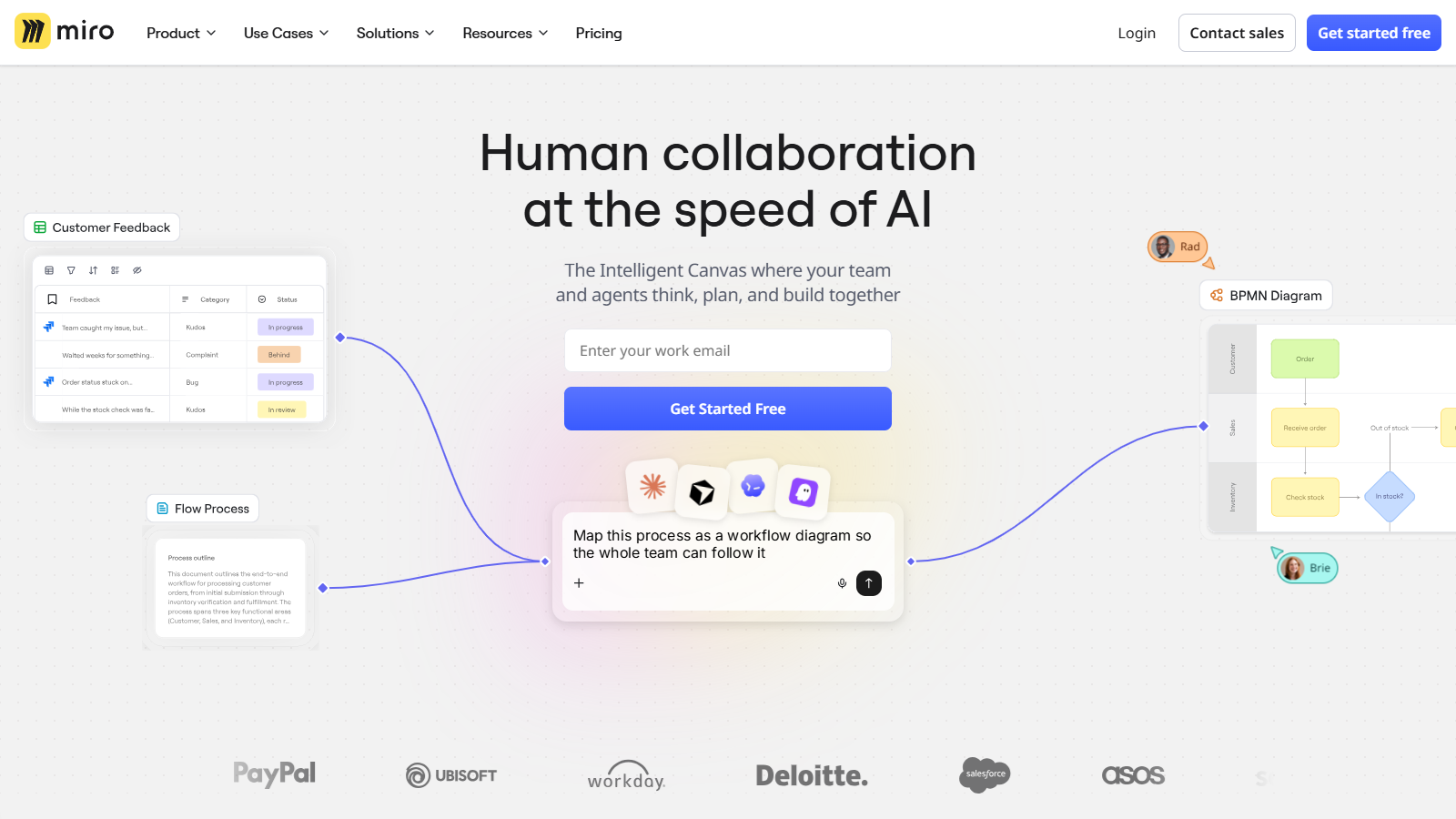 Miro official online whiteboard page showing collaborative work on a visual canvas