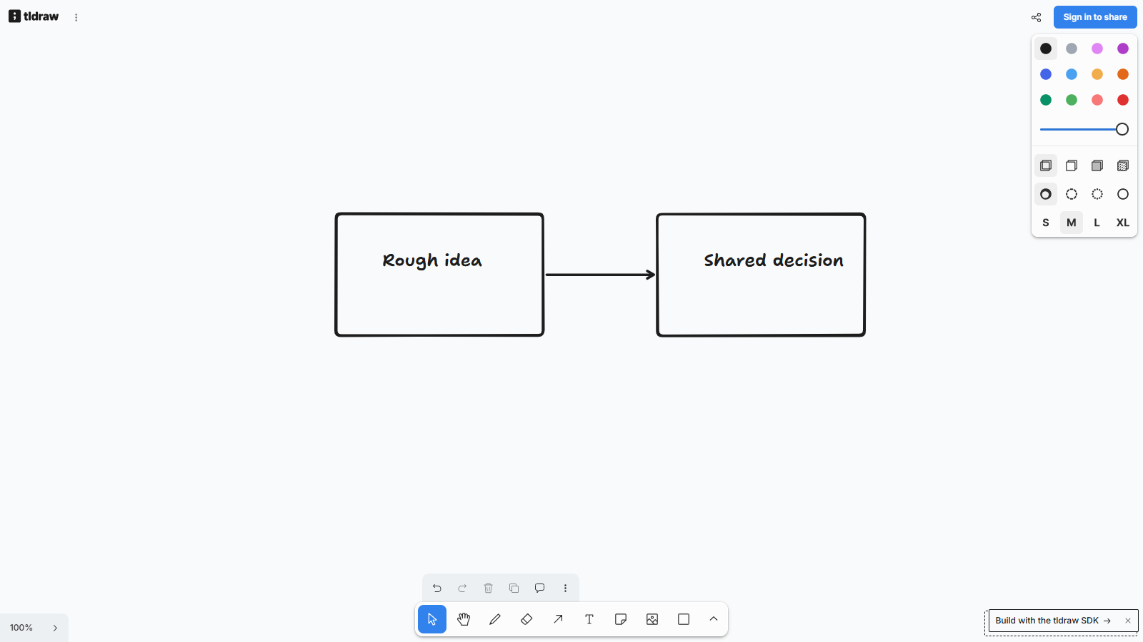 tldraw browser editor showing its minimal infinite canvas interface