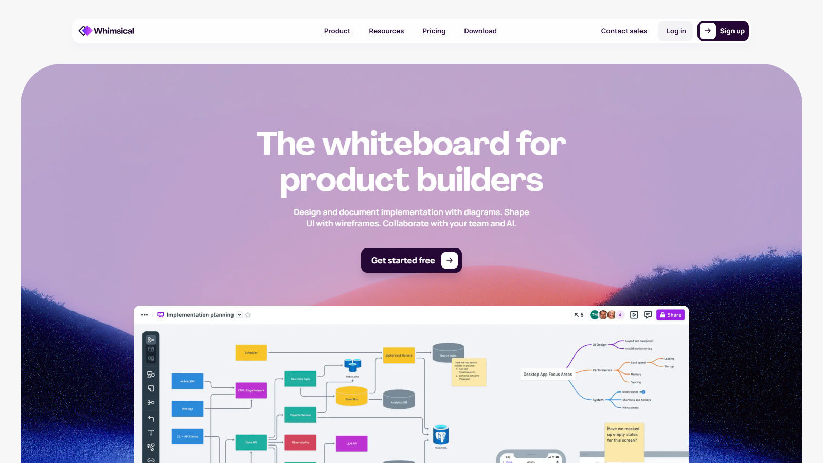 Whimsical official page showing flowcharts, boards, and collaborative visual documents