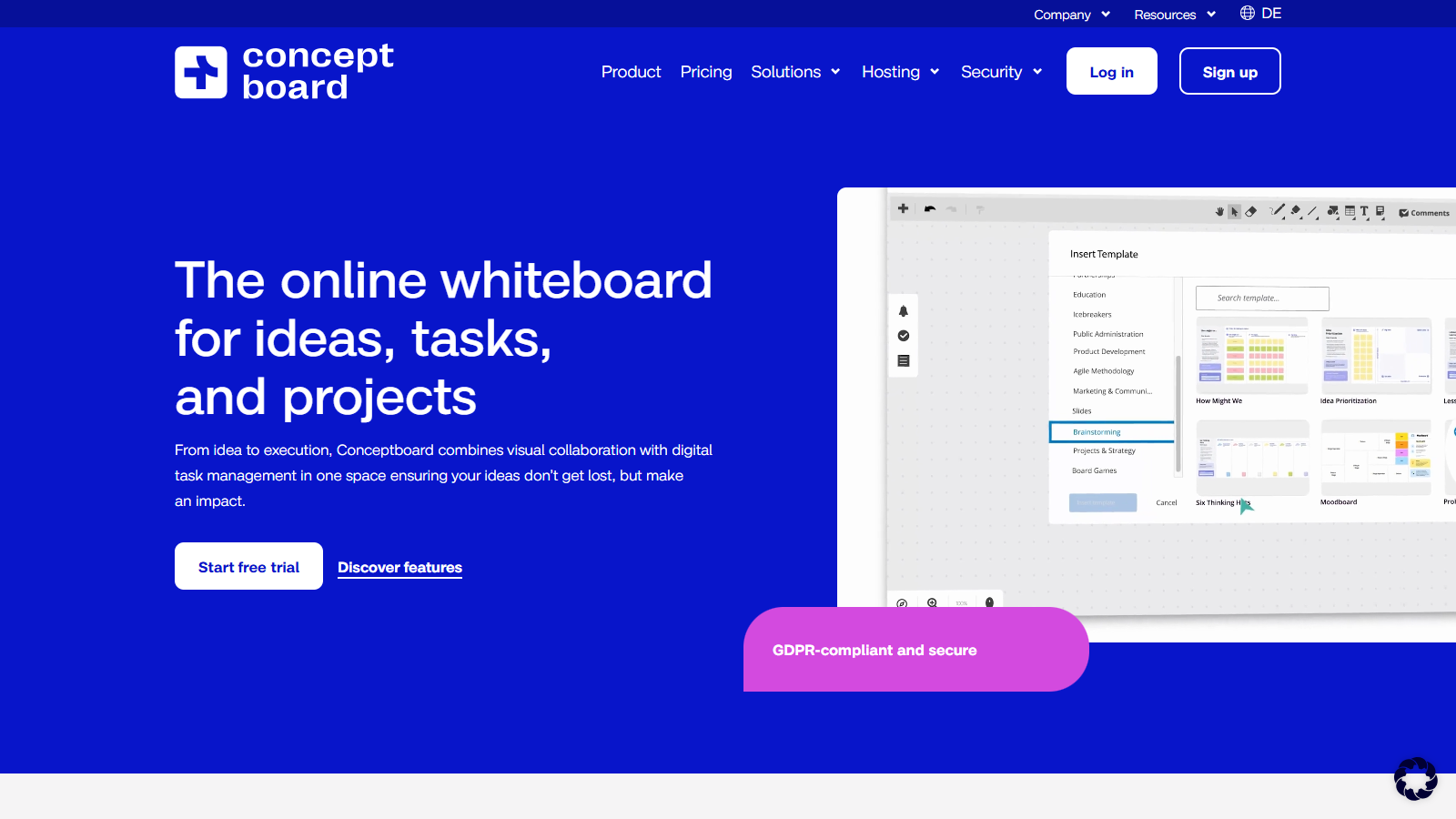 Conceptboard official page showing a secure collaborative online whiteboard