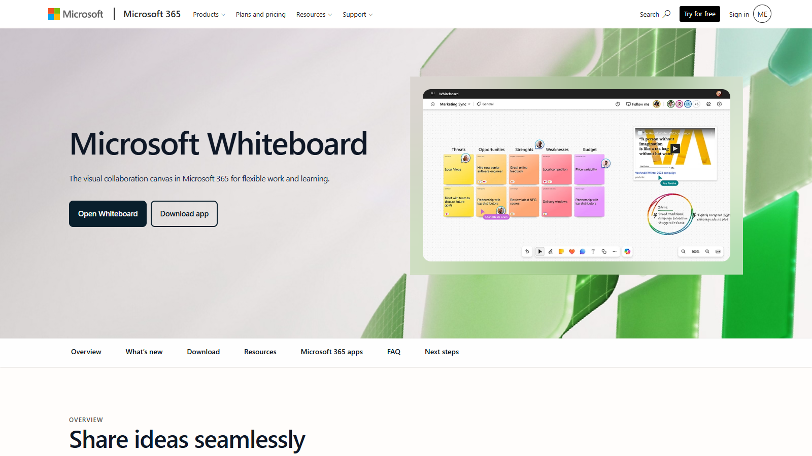 Microsoft Whiteboard official page showing a collaborative whiteboard in Microsoft 365
