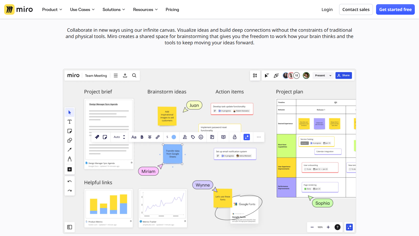 Miro official online whiteboard page showing collaborative work on a visual canvas