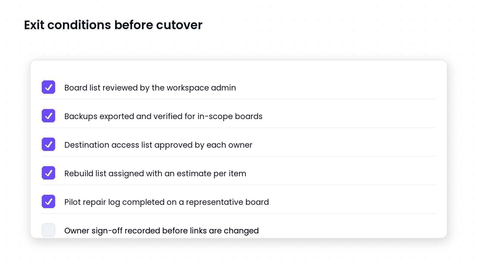 Checklist of exit conditions to confirm before a migration cutover.