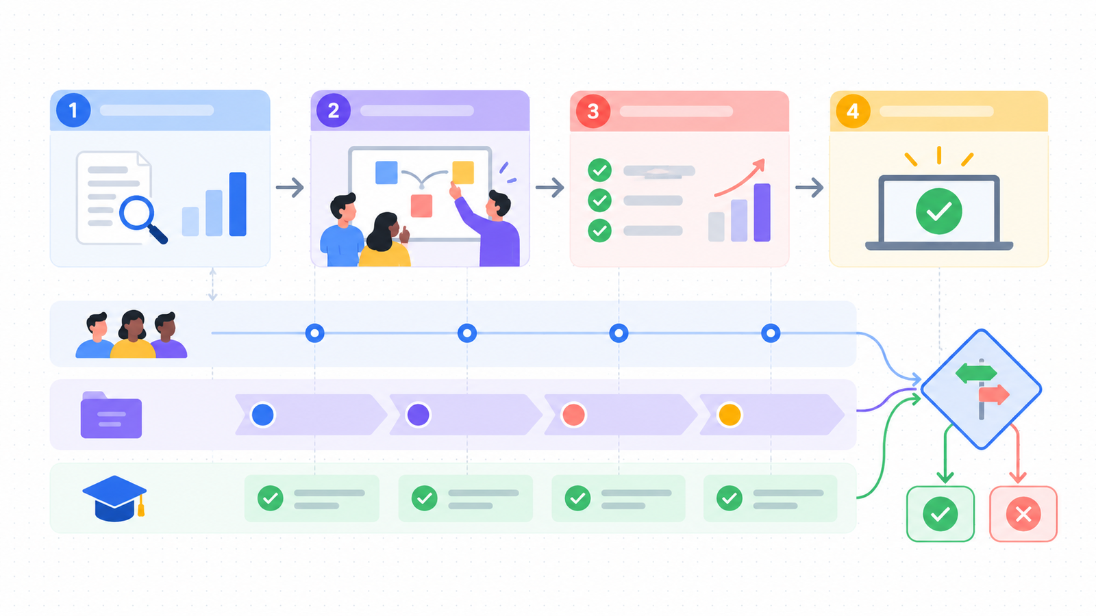 Four stages of a controlled 30-day online whiteboard pilot, from baseline to a stay, expand, or rollback decision.